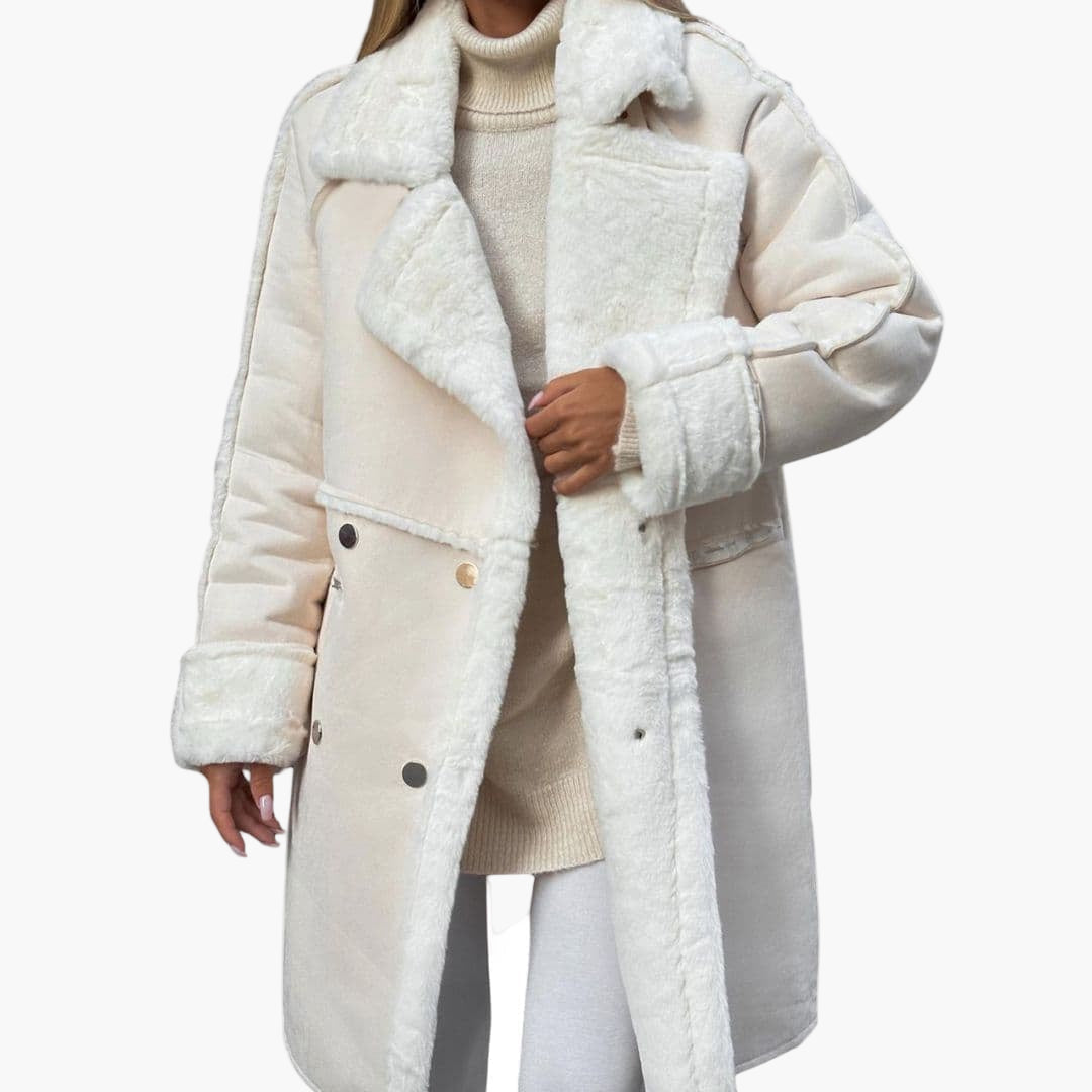 Women’s Oversized Shearling Panel Coat – Soft Faux Suede Winter Jacket