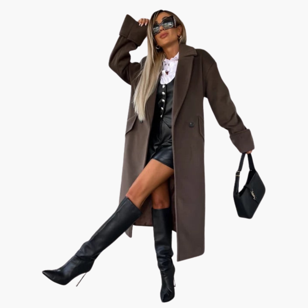 Women’s Long Wool-Blend Coat – Elegant Double-Breasted Winter Overcoat