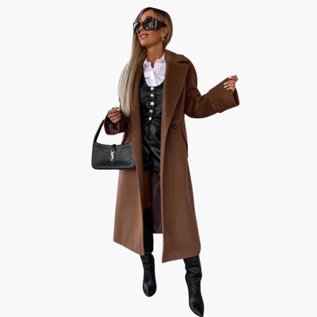 Women’s Long Wool-Blend Coat – Elegant Double-Breasted Winter Overcoat