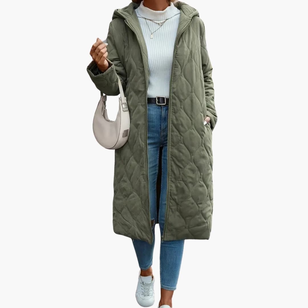 Women’s Long Quilted Hooded Coat – Lightweight Everyday Winter Jacket