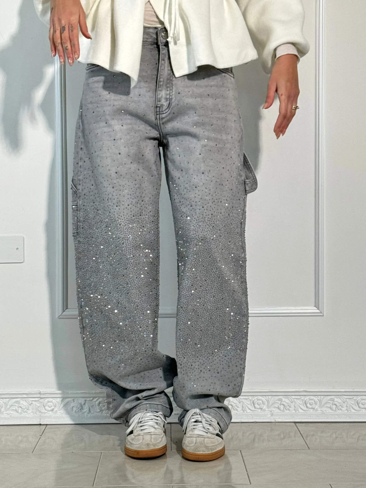 Women’s Paint-Splatter Straight Leg Jeans – Dark Blue High-Waist Denim