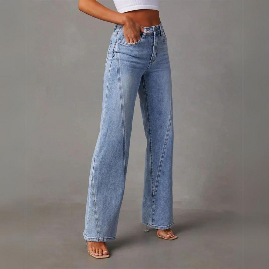 Women’s High-Waist Seam-Detail Jeans – Light Blue Wide-Leg Denim