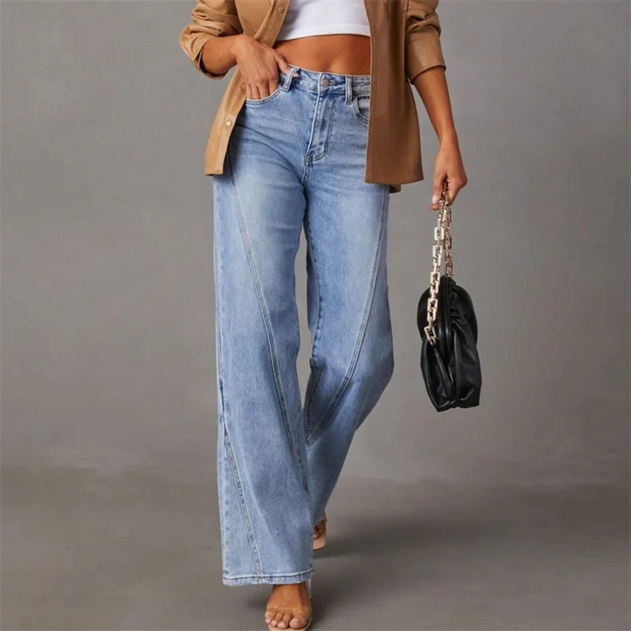 Women’s High-Waist Seam-Detail Jeans – Light Blue Wide-Leg Denim