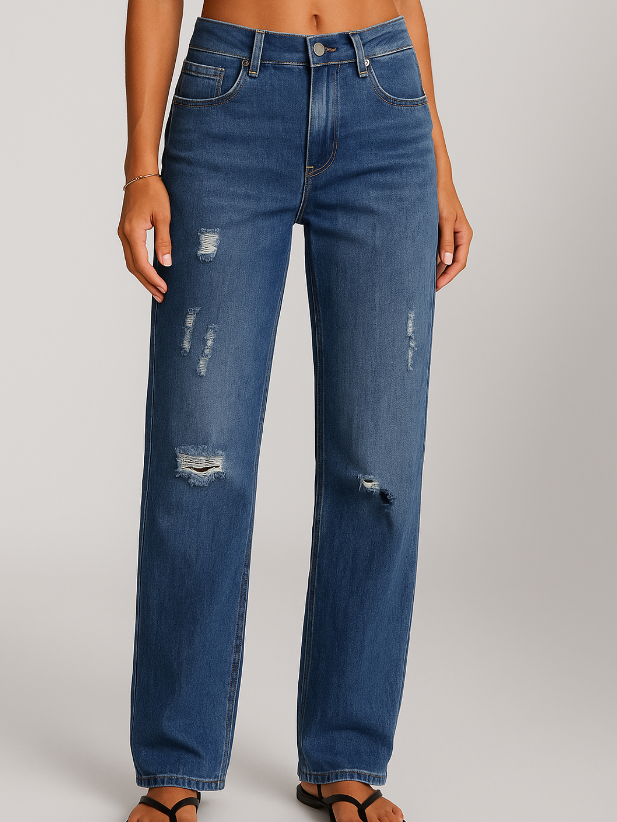 Women’s High-Waist Straight Leg Jeans – Distressed Vintage Blue Denim