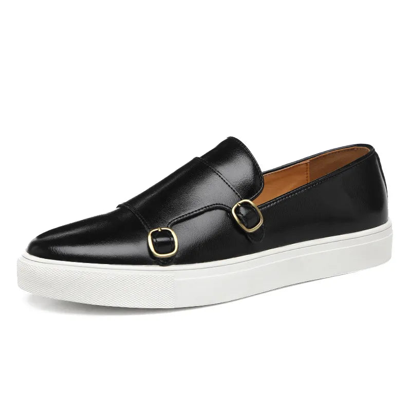 Men’s Luxury Leather Loafers – Double Buckle & White Sole Design