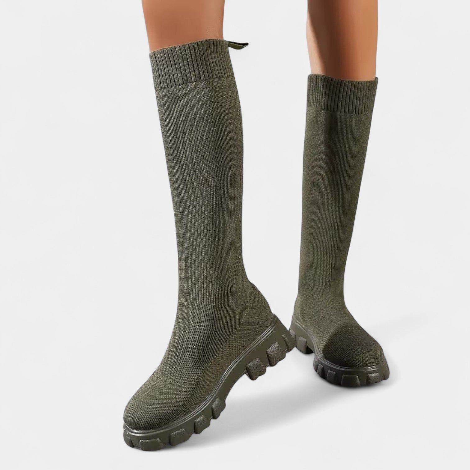 Women’s Sock Knee-High Boots – Chunky Sole, Pull-On Fit