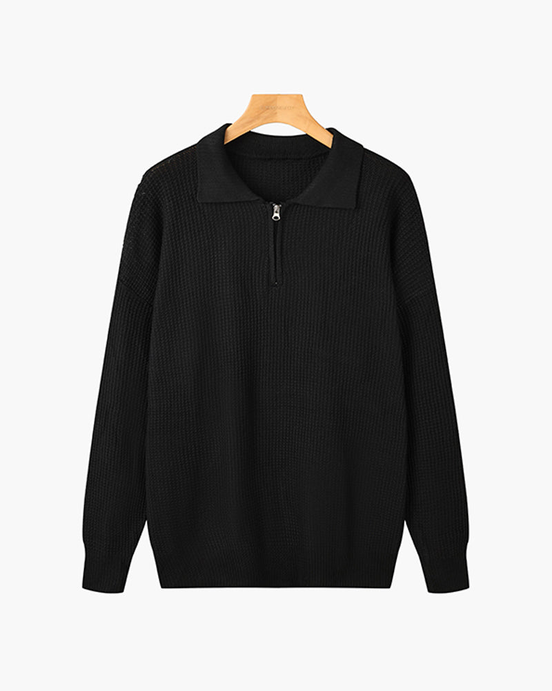 Men’s Half-Zip Polo Knit Sweater – Premium Textured Cotton Blend