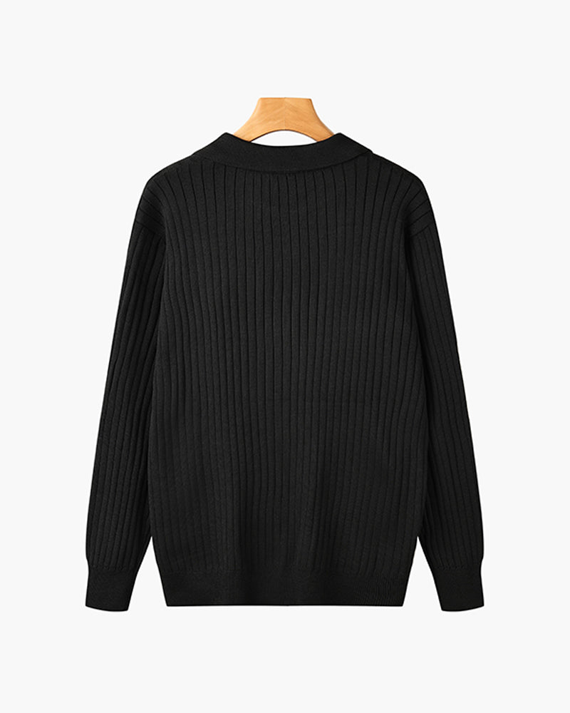 Men’s Ribbed Knit Polo – Slim Fit Long Sleeve Smart Casual Shirt