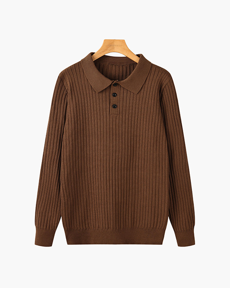 Men’s Ribbed Knit Polo – Slim Fit Long Sleeve Smart Casual Shirt