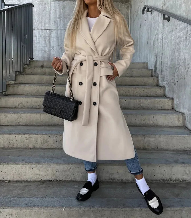 Women's Double-Breasted Winter Coat with Waist Belt and Classic Fit