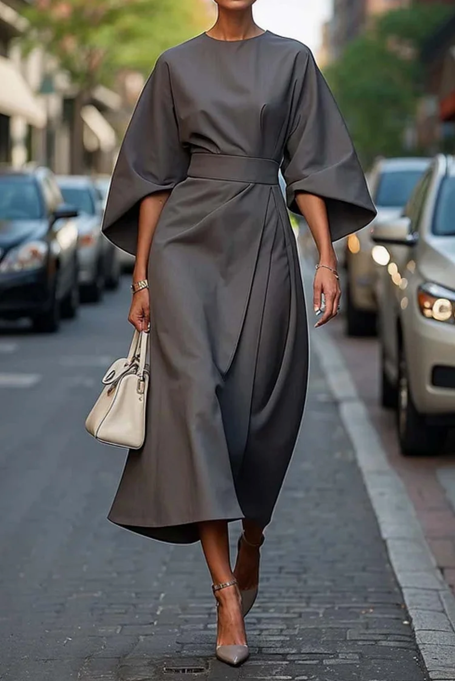 Jasmine | Elegant Dress with Lantern Sleeves and Belt