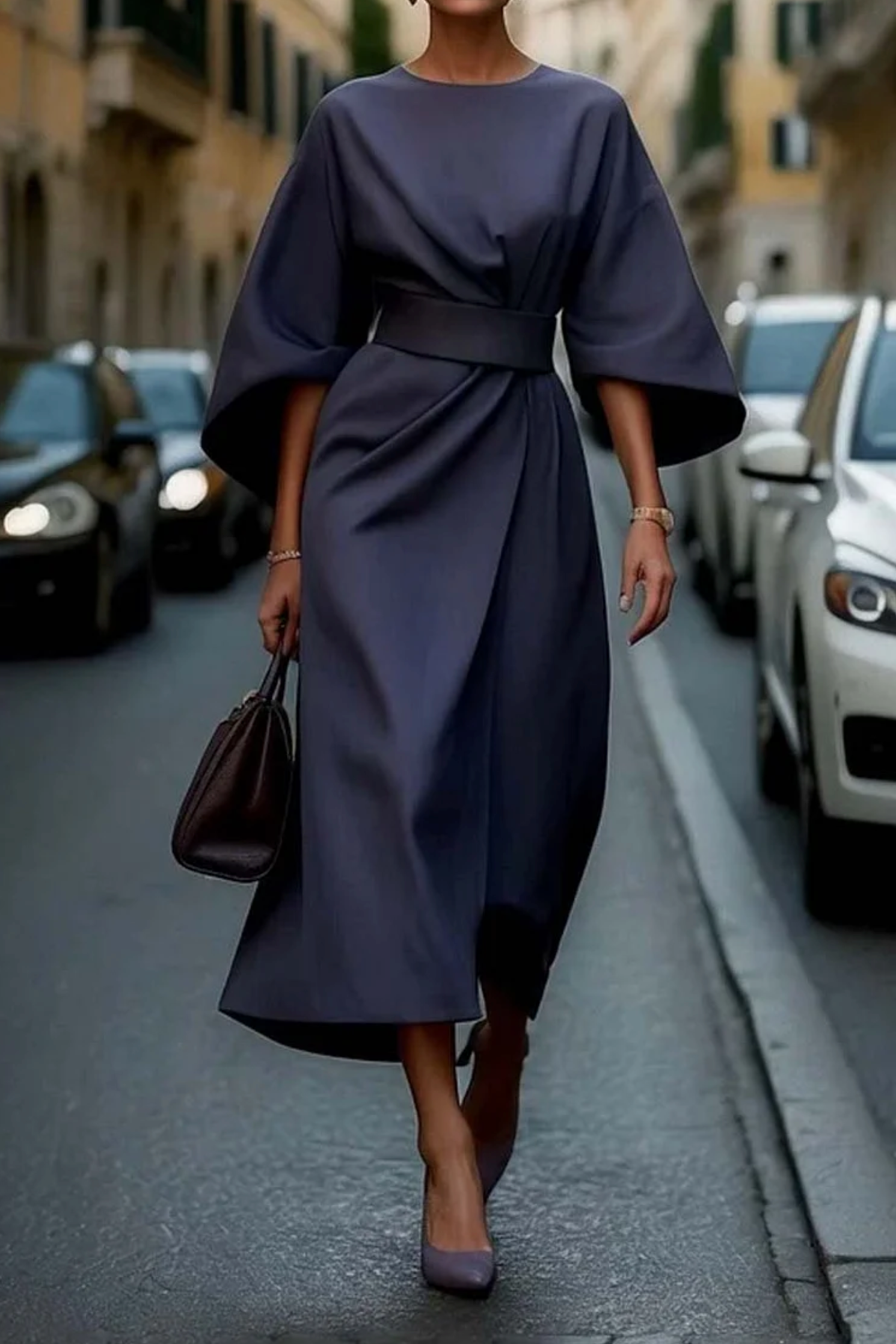 Jasmine | Elegant Dress with Lantern Sleeves and Belt