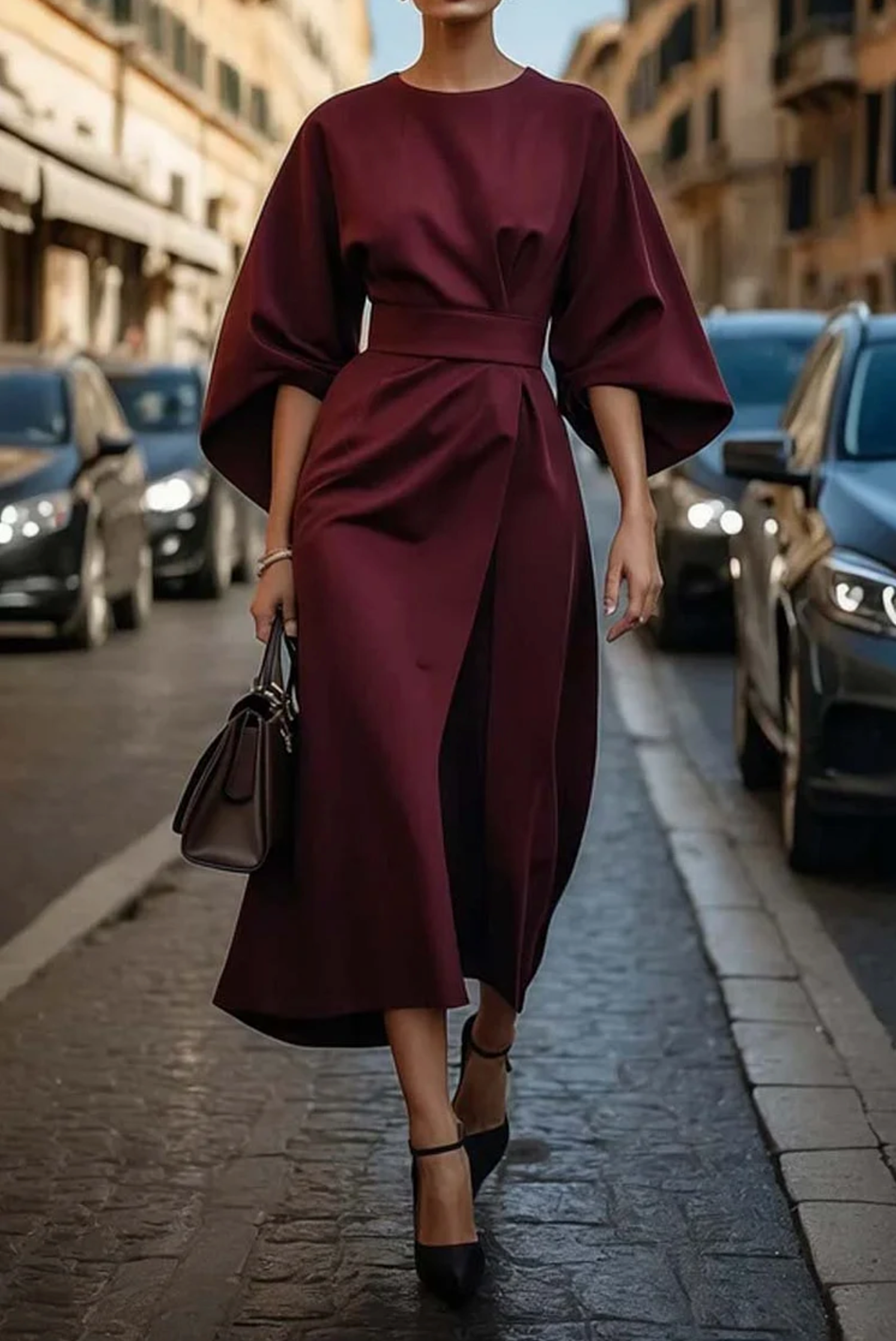Jasmine | Elegant Dress with Lantern Sleeves and Belt