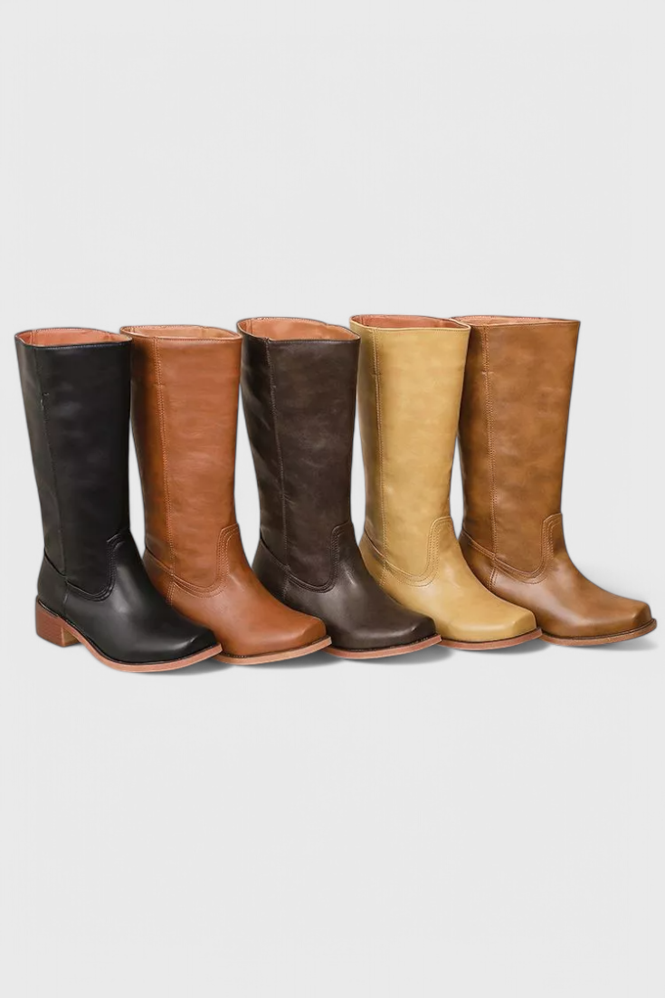 Women’s Classic Knee-High Leather Boots – Beige Vintage Edition