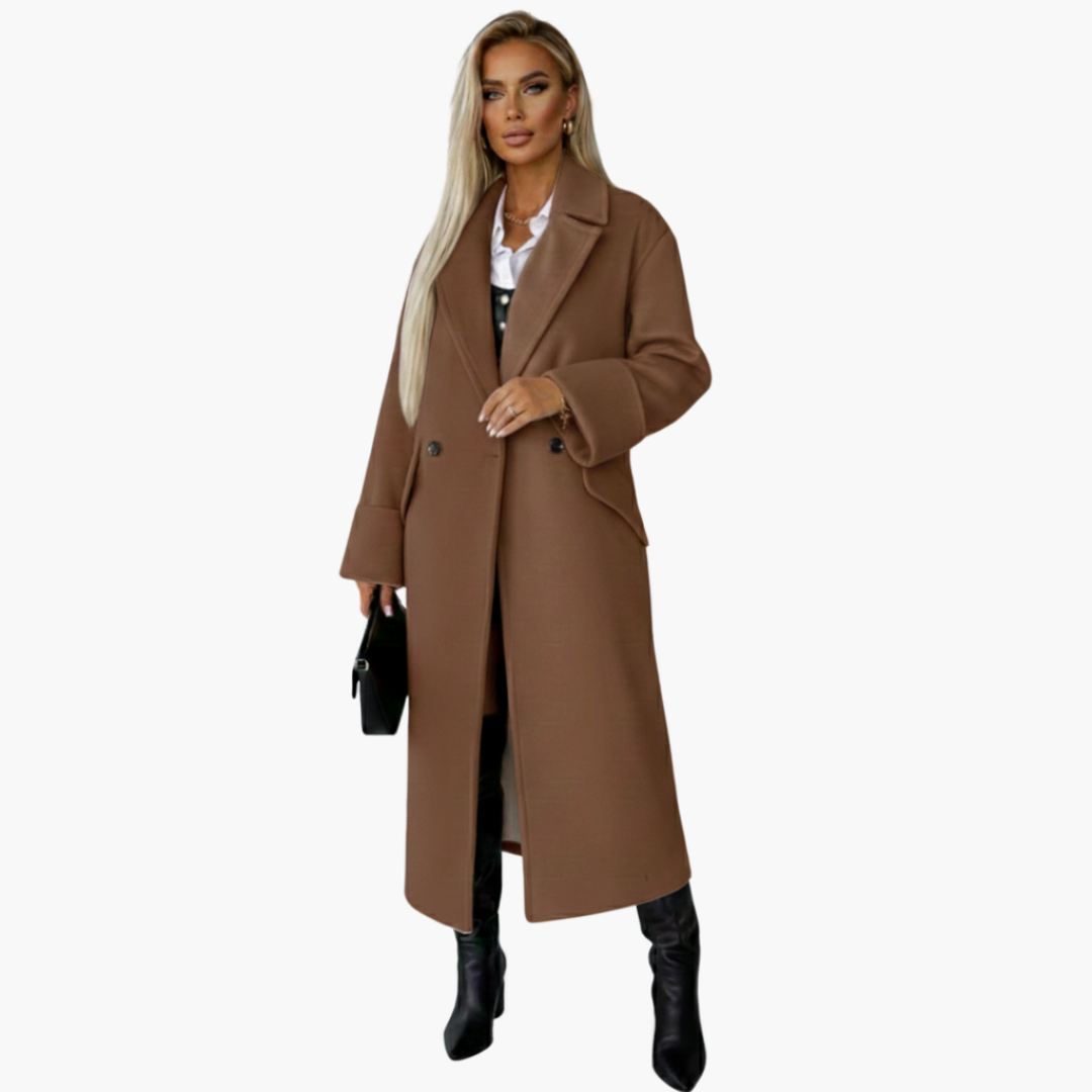 Women’s Long Wool-Blend Coat – Elegant Double-Breasted Winter Overcoat