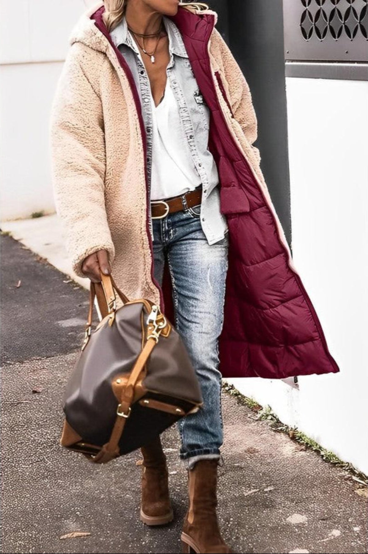Women's Long Reversible Winter Coat With Hood And Teddy Lining