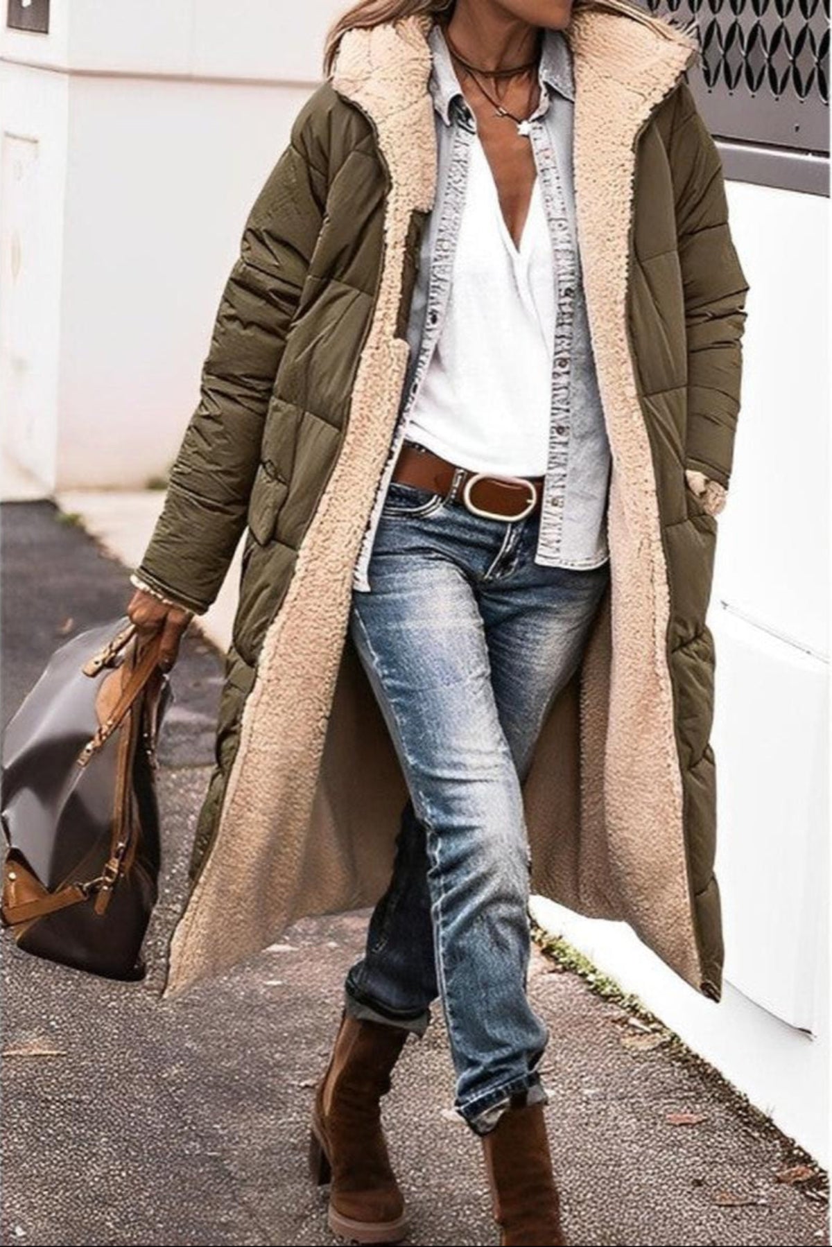 Women's Long Reversible Winter Coat With Hood And Teddy Lining