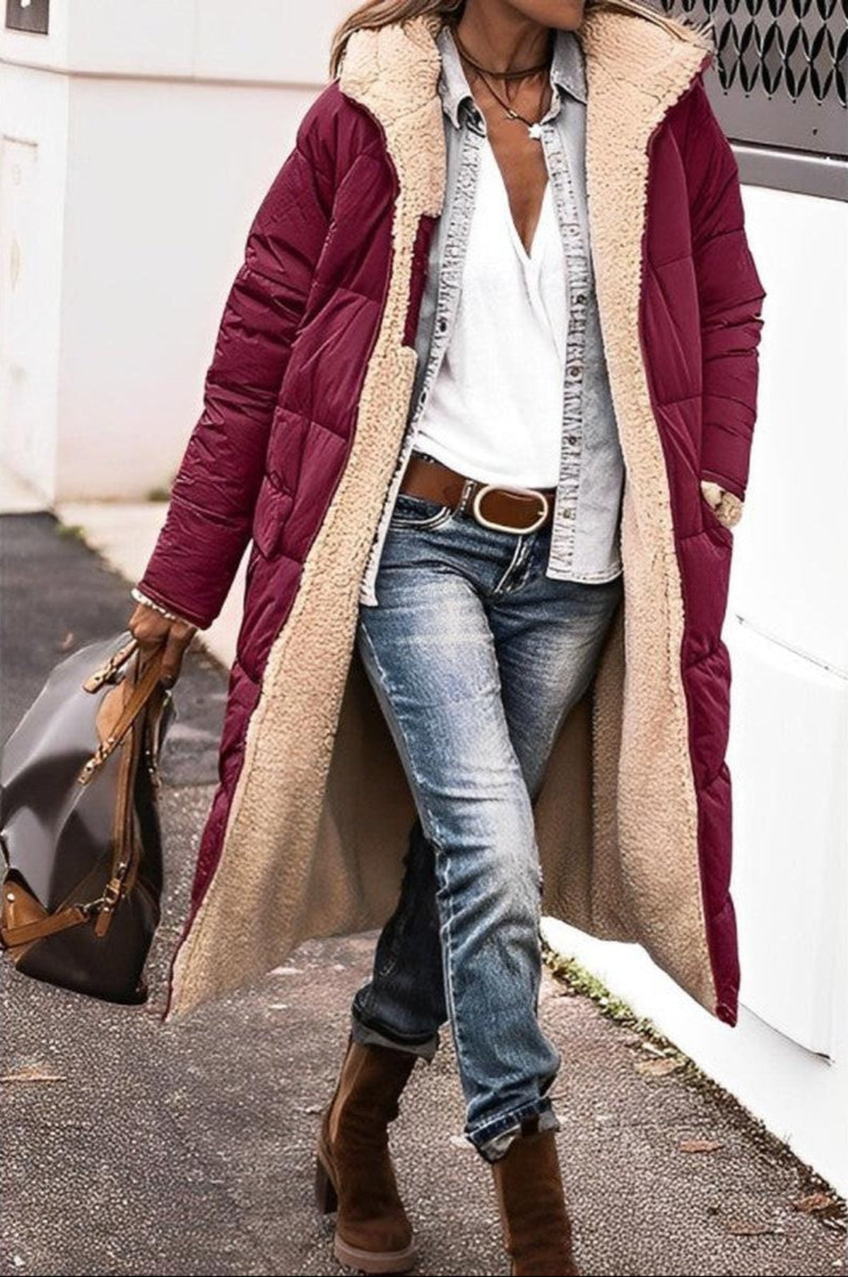 Women's Long Reversible Winter Coat With Hood And Teddy Lining