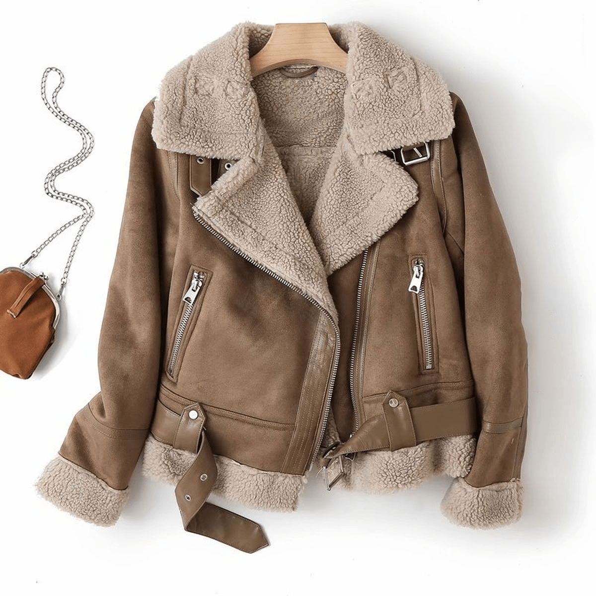 Women's Sherpa Lined Leather Jacket With Ribbed Cuffs
