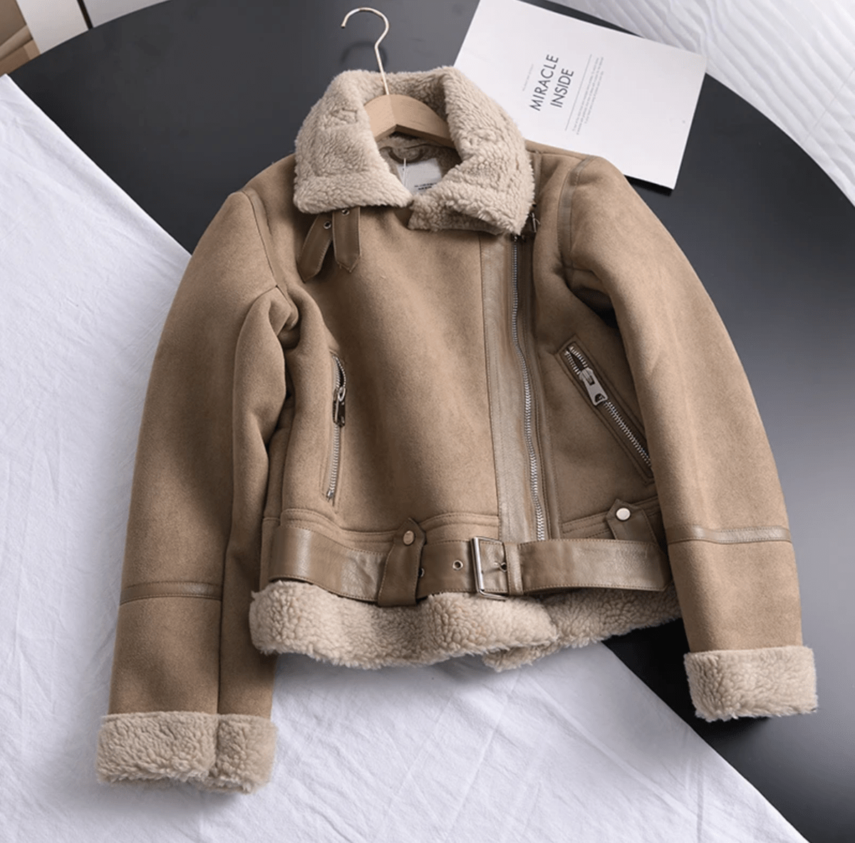 Women's Sherpa Lined Leather Jacket With Ribbed Cuffs