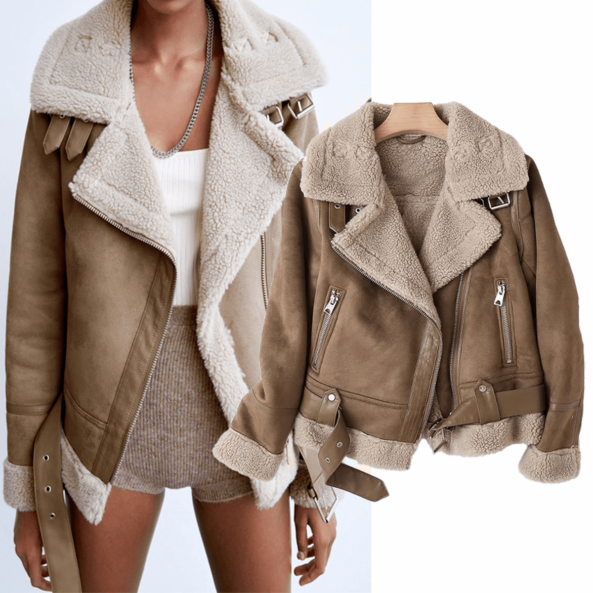 Women's Sherpa Lined Leather Jacket With Ribbed Cuffs