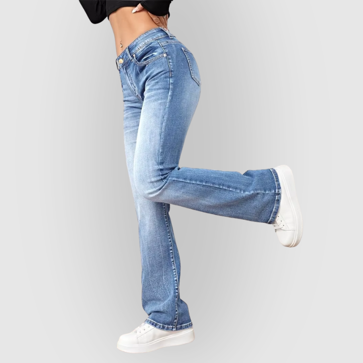 Women’s High-Waist Flared Jeans – Light Blue Washed Stretch Denim