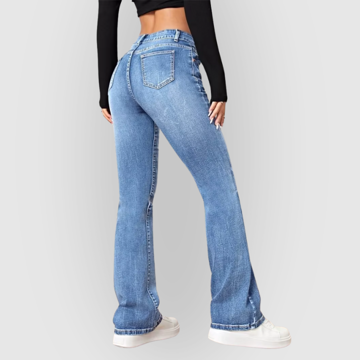 Women’s High-Waist Flared Jeans – Light Blue Washed Stretch Denim