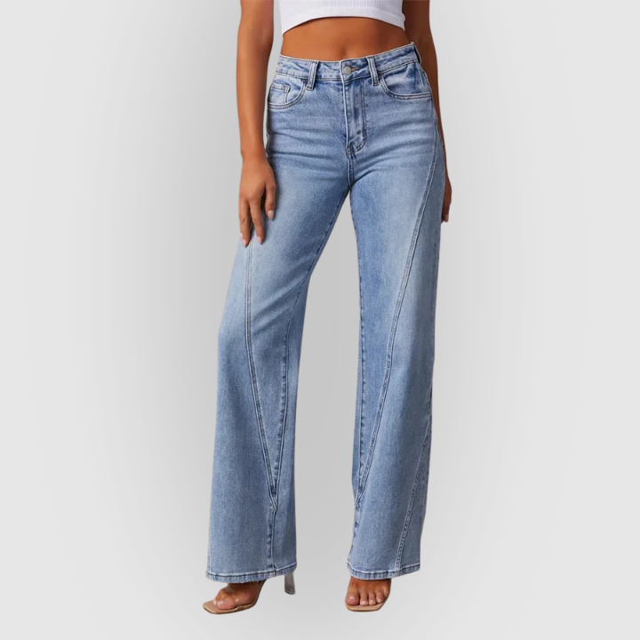 Women’s High-Waist Wide-Leg Jeans – Light Blue Seam-Detail Denim