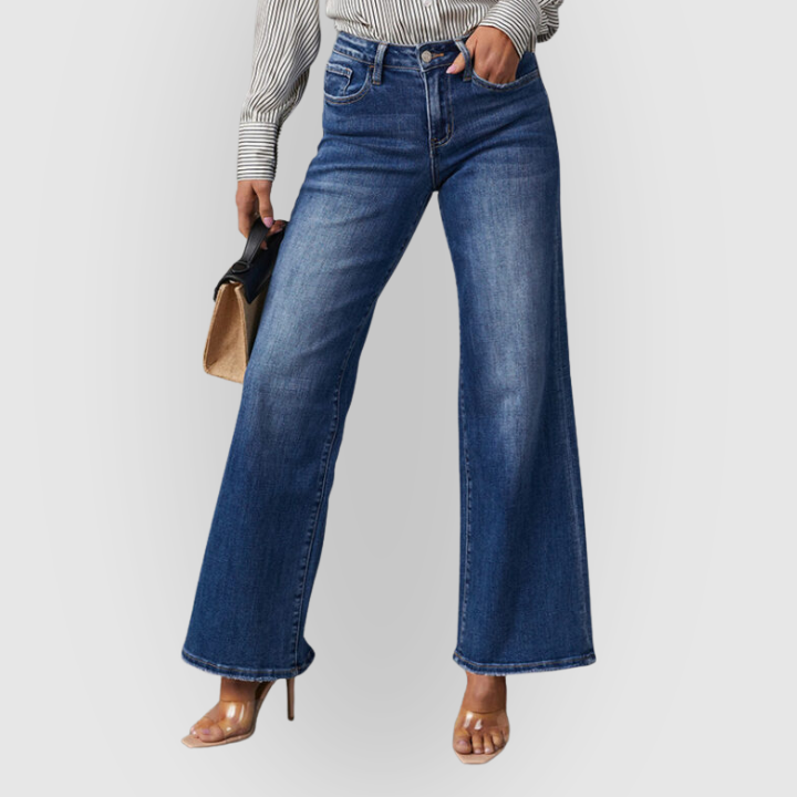 Women’s High-Waist Wide-Leg Jeans – Dark Blue Vintage Wash Denim