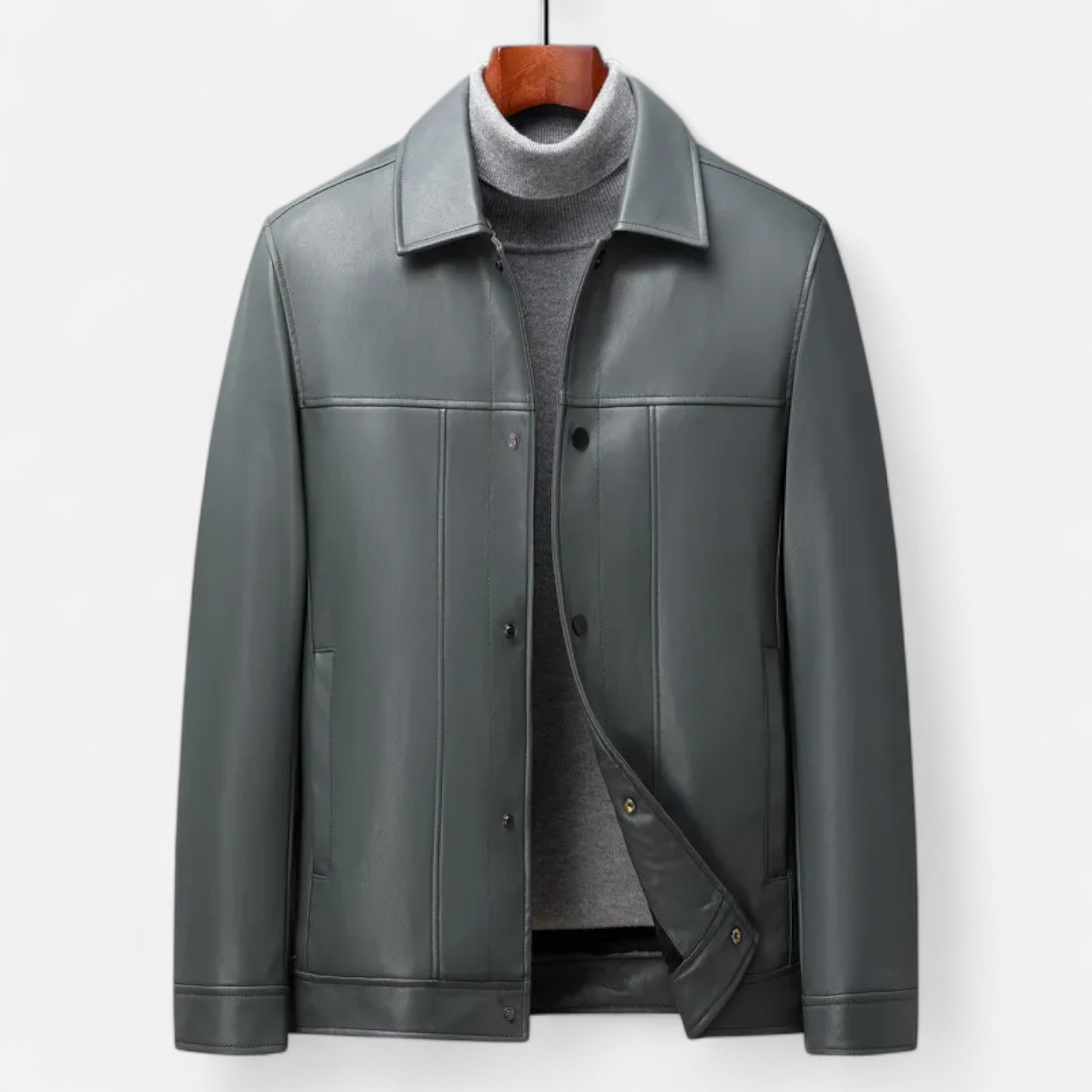 Dorevelle | Men’s Polo Leather Coat – Classic Straight-Hem Design