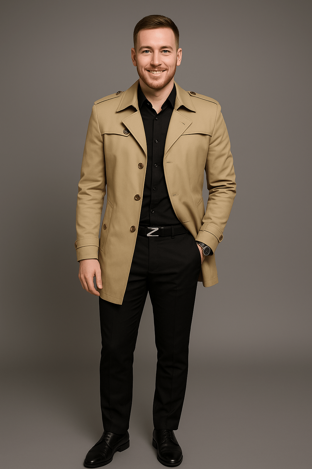 Classic Tailored Trench Coat – Midnight Black