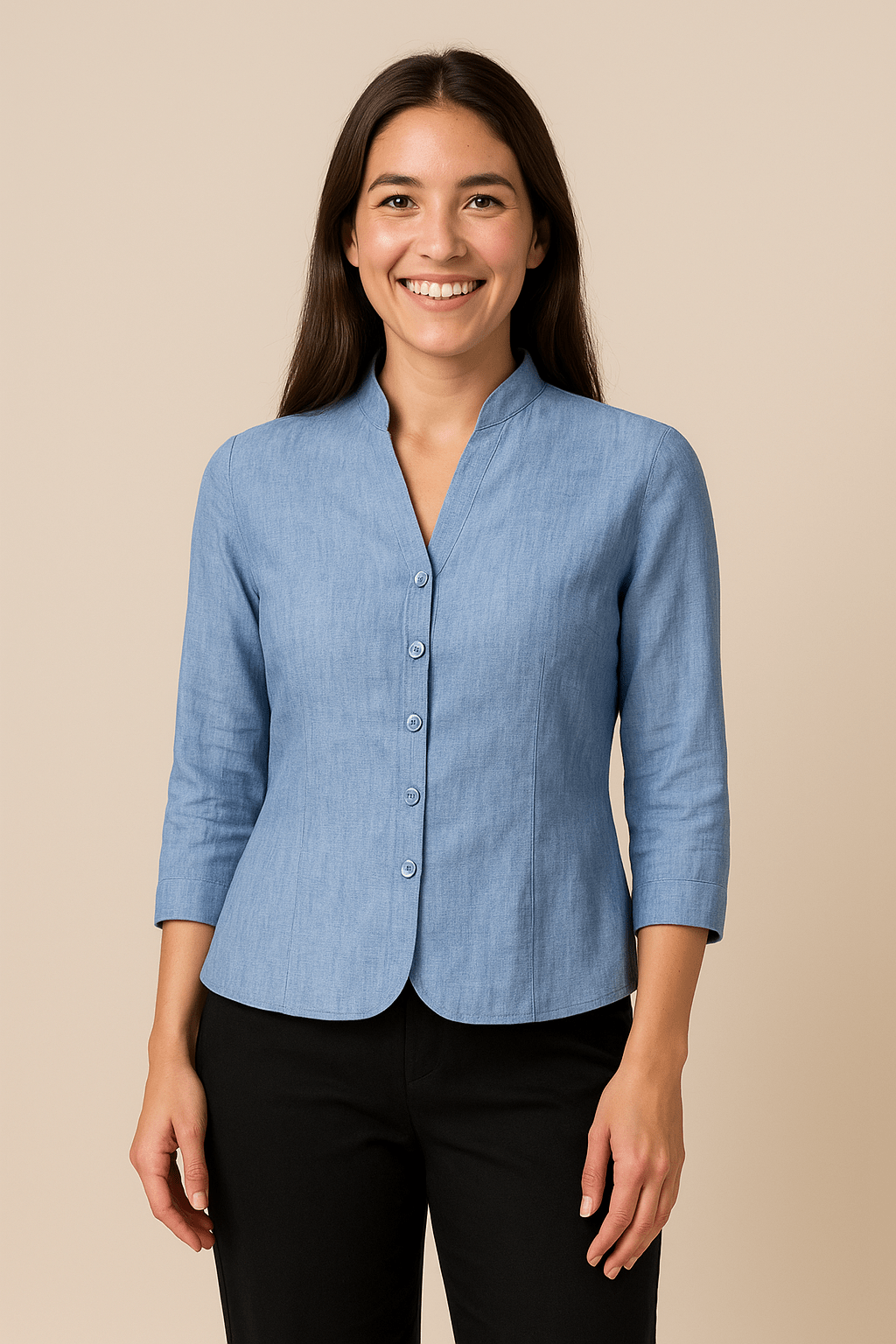 Women’s Mandarin Collar Button-Up Blouse – Slim Fit Smart Top