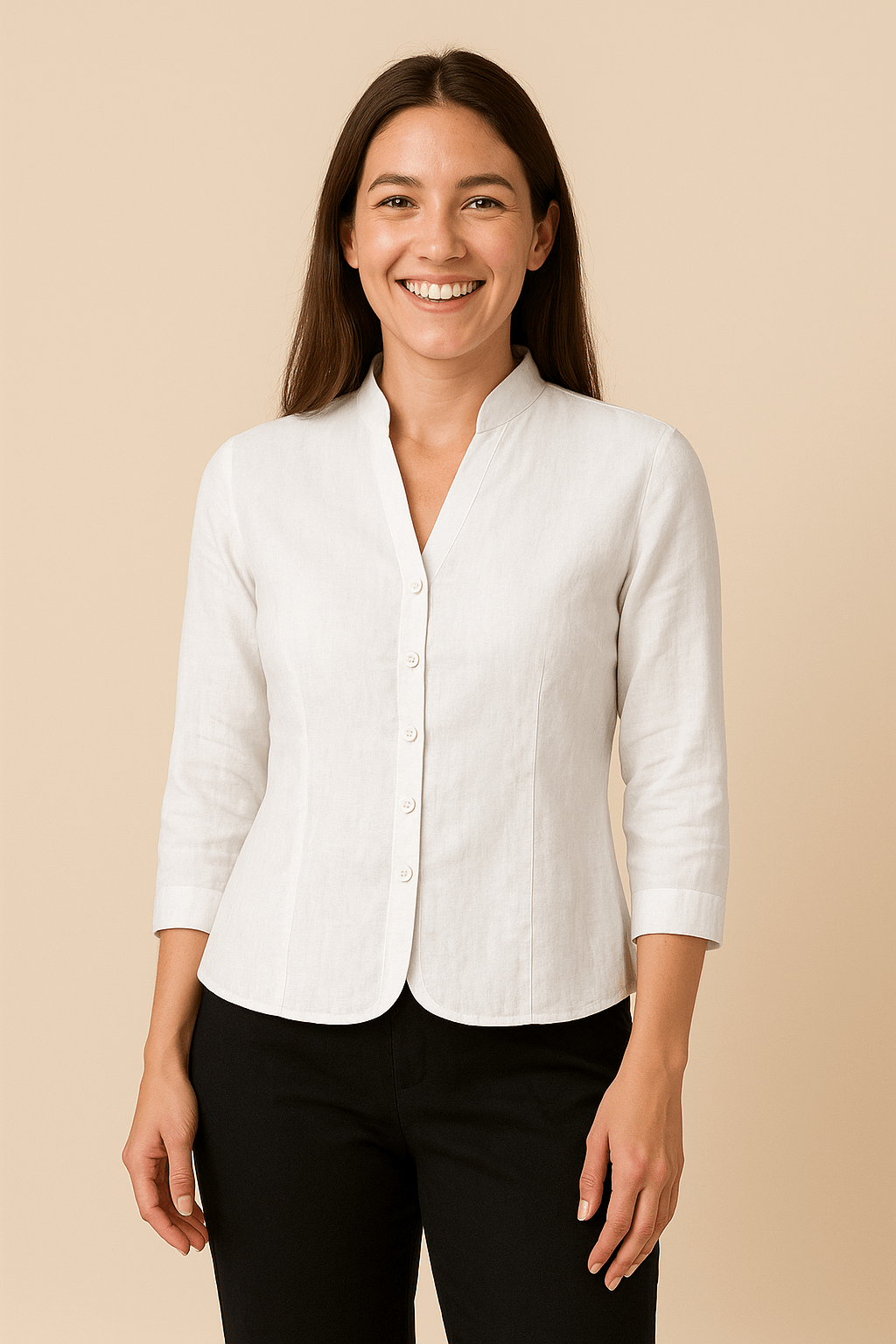 Women’s Mandarin Collar Button-Up Blouse – Slim Fit Smart Top