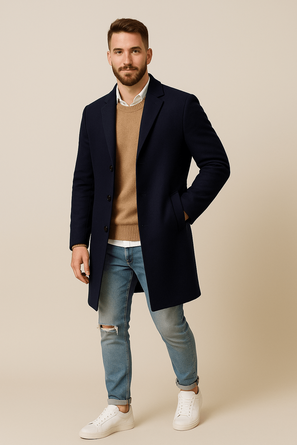 Men’s Premium Wool-Blend Overcoat – Classic Black Smart Winter Coat