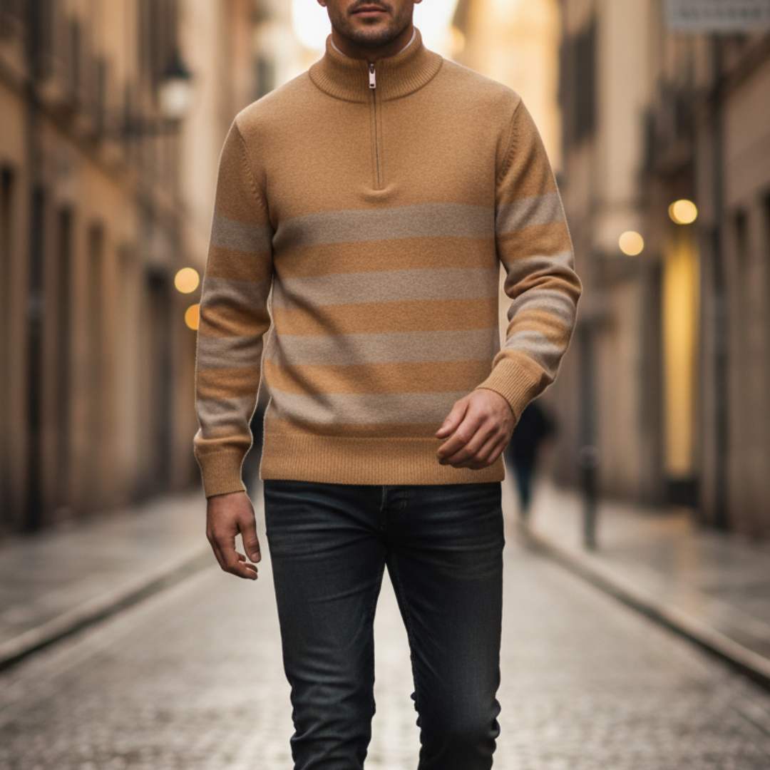Cambridge Striped Half-Zip Knit – Navy & Stone