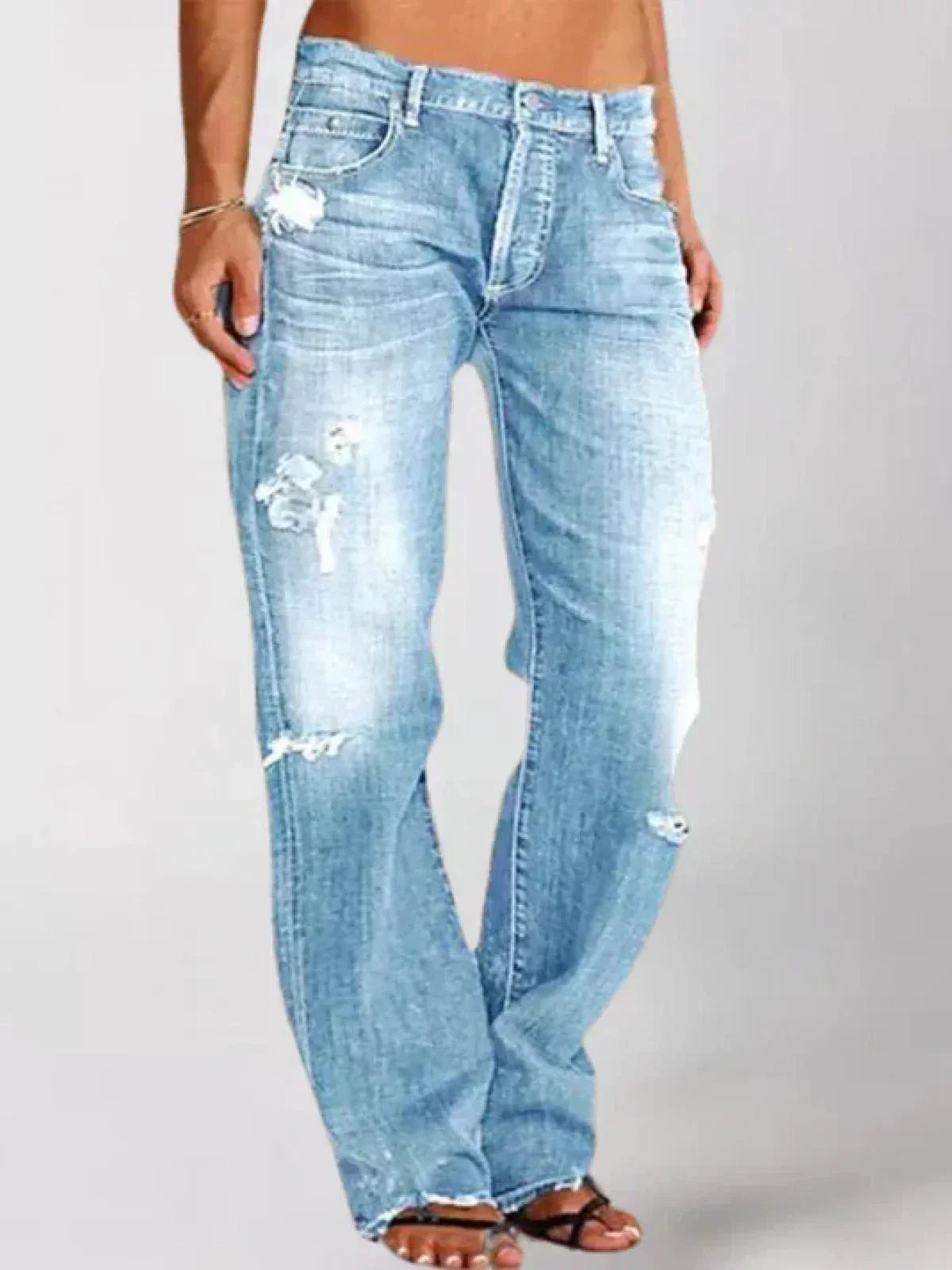 Women’s High-Waist Straight Leg Jeans – Distressed Vintage Blue Denim