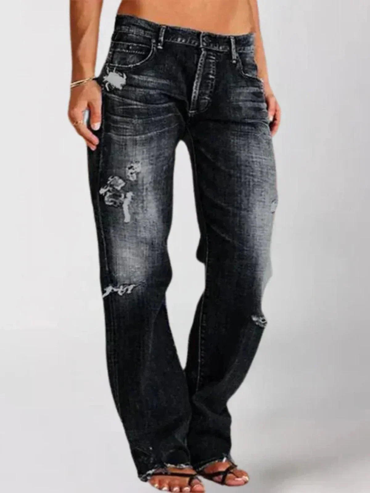 Women’s High-Waist Straight Leg Jeans – Distressed Vintage Blue Denim