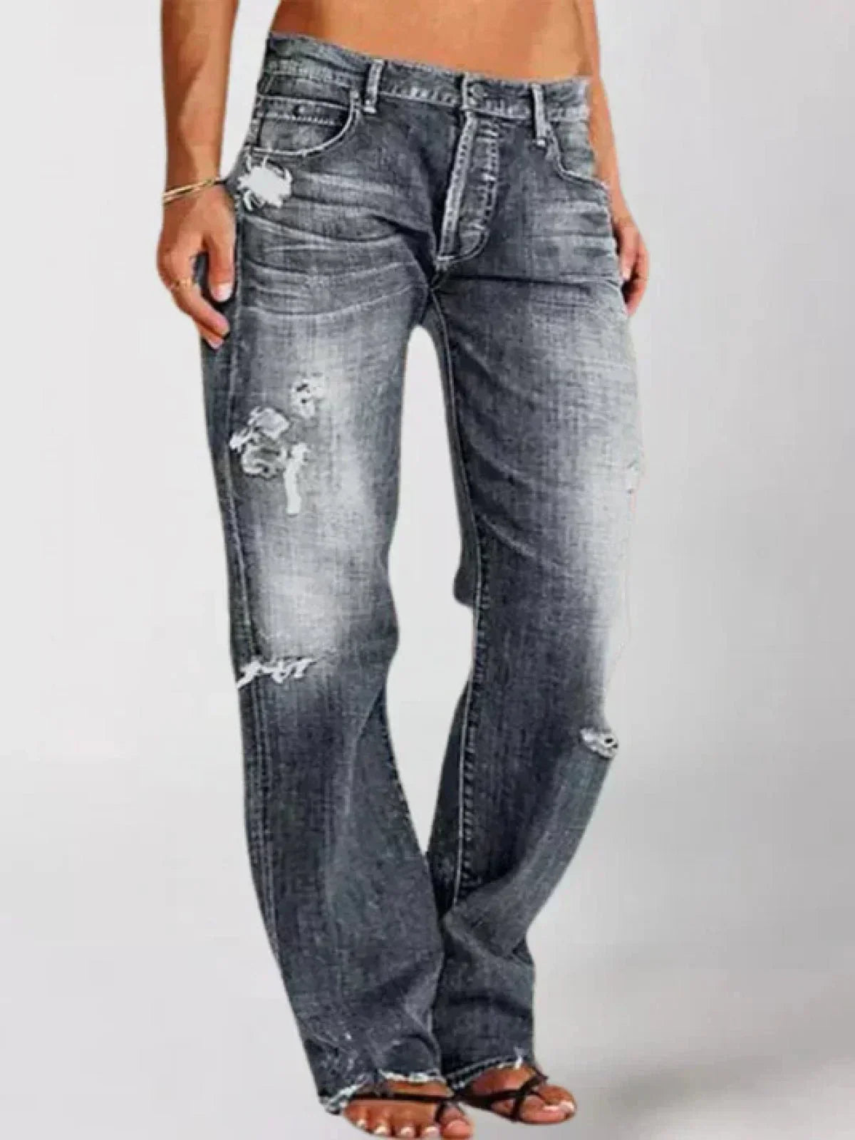 Women’s High-Waist Straight Leg Jeans – Distressed Vintage Blue Denim