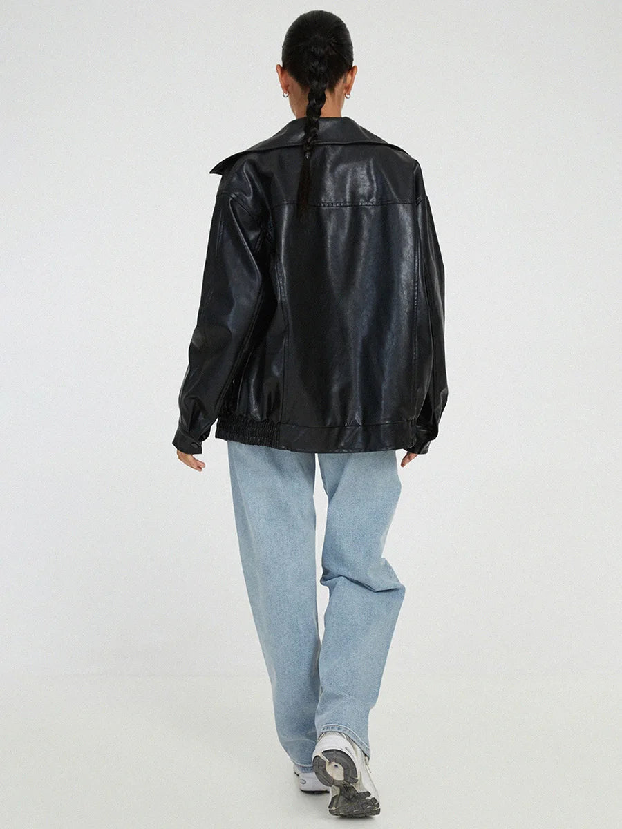 Women's Oversized Leather Bomber Jacket with Zipper Front