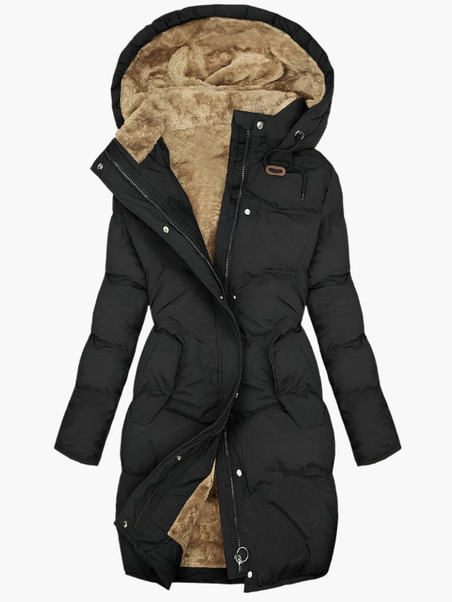 Women’s Long Puffer Coat – Hooded, Faux Fur Lining