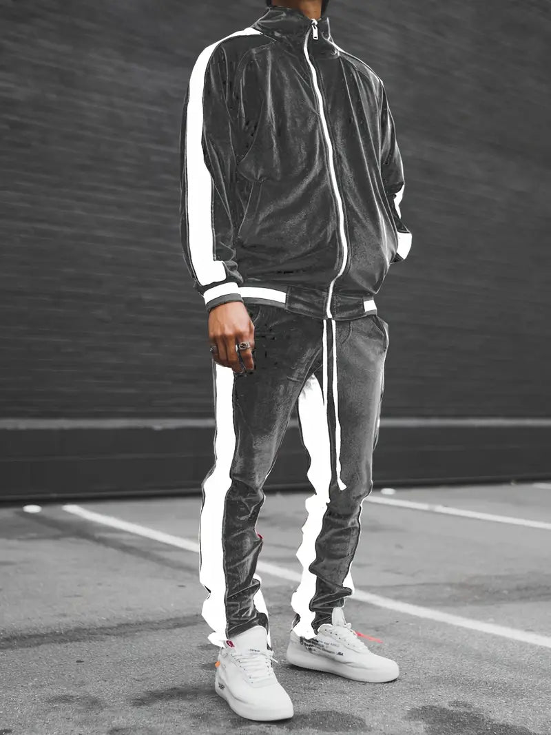 Men's Velvet Tracksuit 2-Piece Set with Zipper and Drawstring
