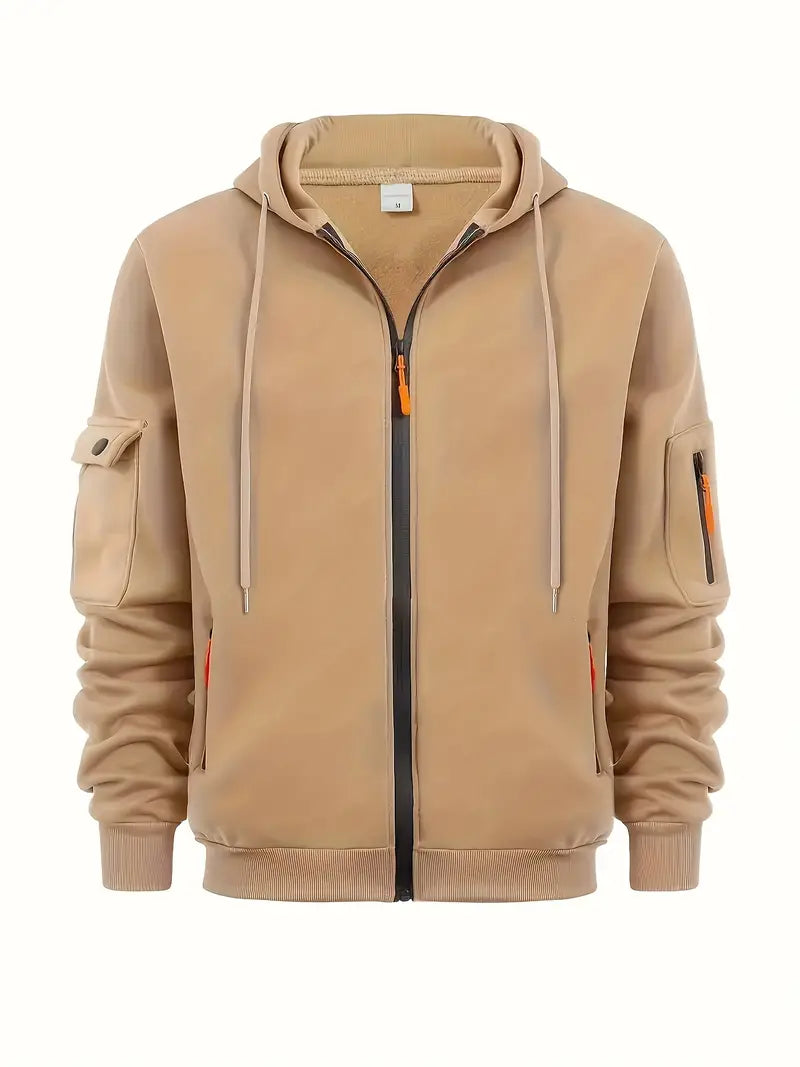 Men's Zip-Up Hoodie with Utility Pockets and Drawstring Hood