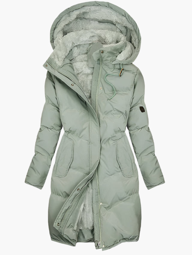 Women’s Long Puffer Coat – Hooded, Faux Fur Lining