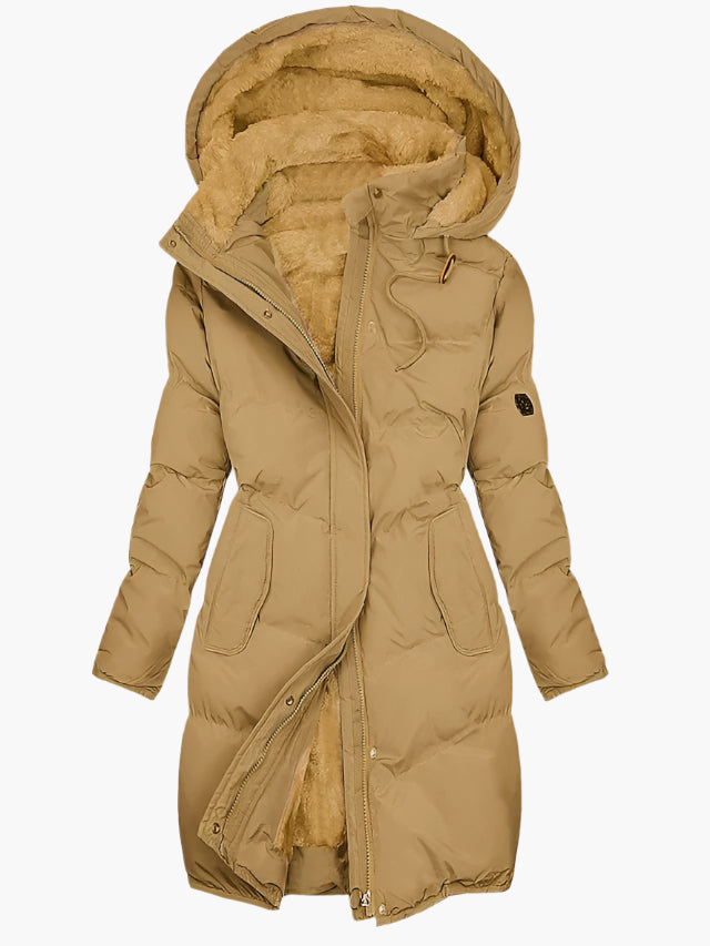 Women’s Long Puffer Coat – Hooded, Faux Fur Lining